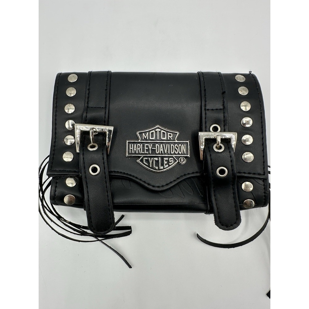 Harley-Davidson Motorcycle Tool Bag Pouch Black Studded Fringe Fork Handlebar